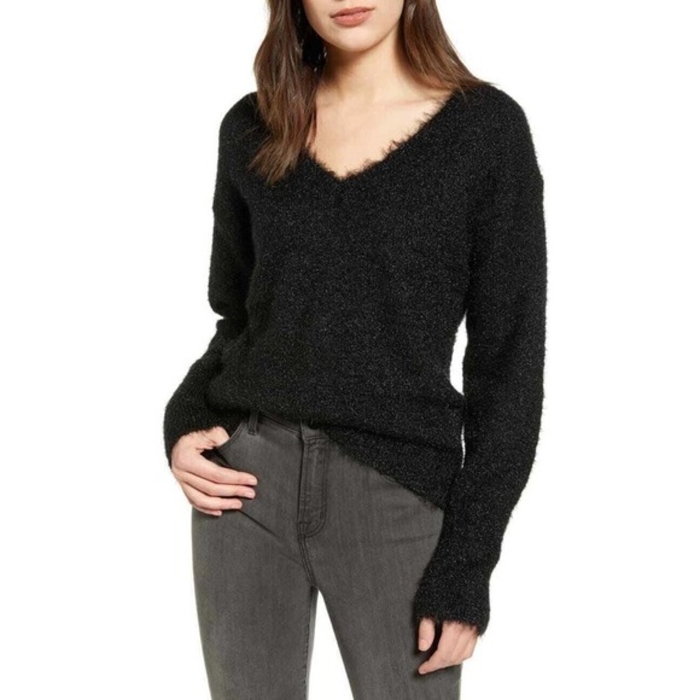 Chelsea28 Eyelash Metallic Sweater Black V-neck